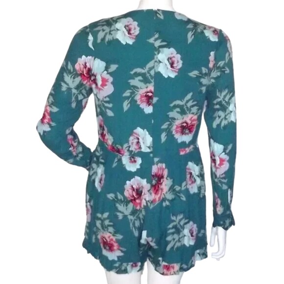 MINKPINK Romper, M, Teal Floral, Long sleeves, Suprlice neck, Ruffle, Pockets - Picture 10 of 15